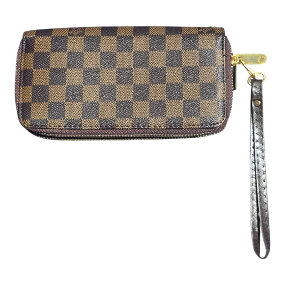 Louis Vuitton Checkered Brown Damier Ebene Wallet Women Double Zip Wrist Strap - Picture 2 of 14